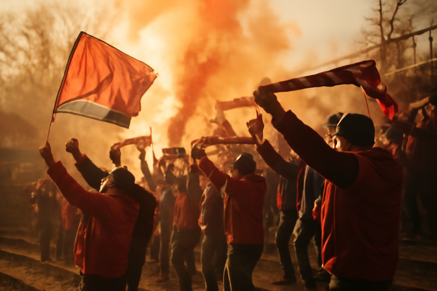 Suporter sepak bola Balkan di stadion dengan bendera dan syal klub
