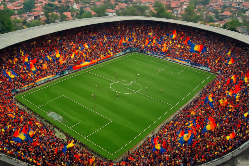 Stadion sepak bola di Balkan dengan spanduk dan bendera suporter saat pertandingan