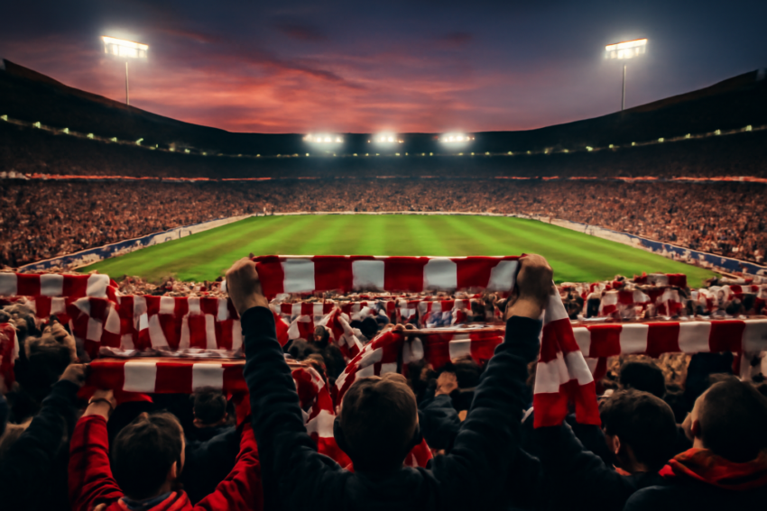 Suasana tribun stadion sepak bola di Balkan saat pertandingan malam