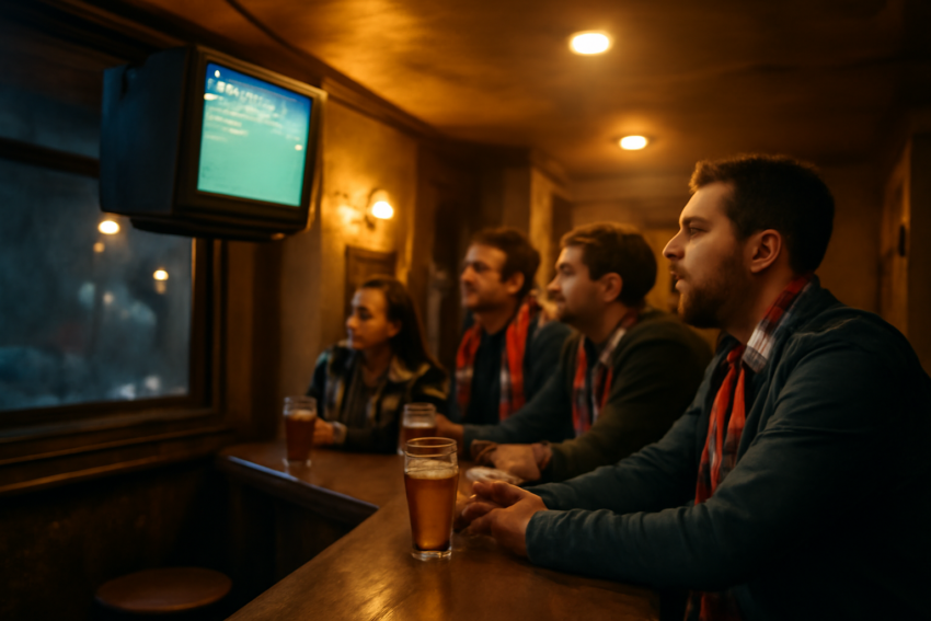 Suasana bar kecil di Balkan saat penggemar menonton pertandingan sepak bola liga lokal