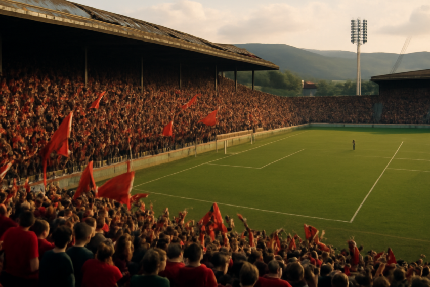Suasana stadion sepak bola di Balkan saat pertandingan liga